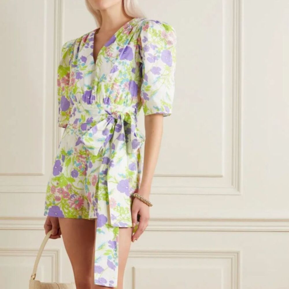 Les Rêveries, Poplin Pastel Floral Belted Vintage Inspired Playsuit Romper, M